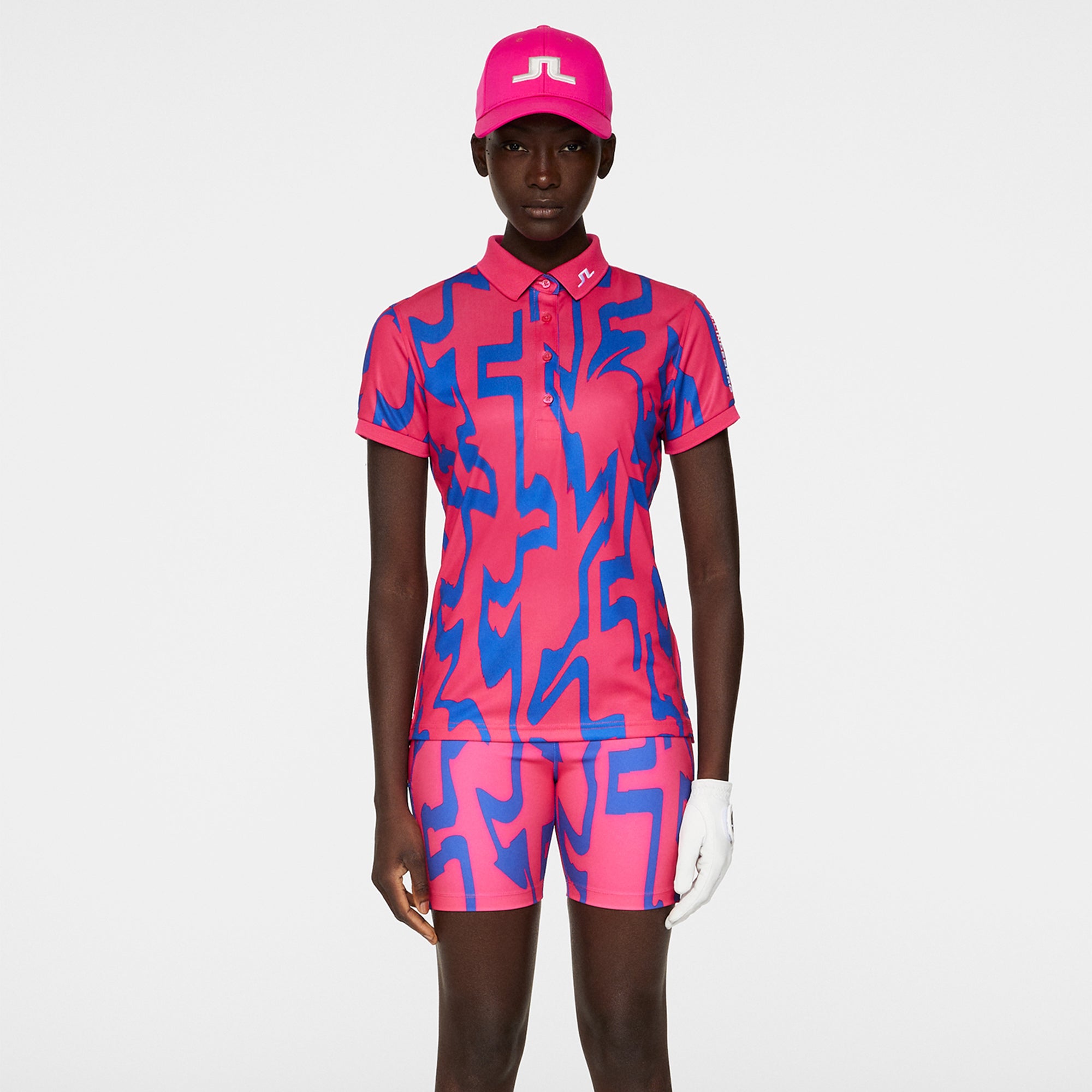 J Lindeberg Tour Tech Print Ladies Golf Polo Shirt Glitch Bridge Pink